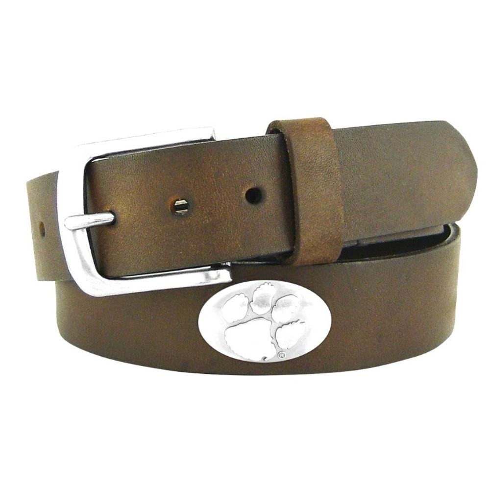 Mens 100% Brown Leather Belt Silver Big Cat Paw Medallions Size 34